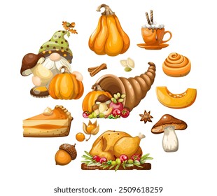 Establecer los artículos del día de acción de gracias otoño acogedor. Dibujo a mano alzada aislado sobre un fondo blanco. Clipart, Vector.