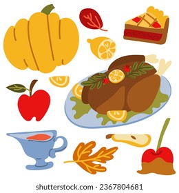 A set of items for a Thanksgiving table. Vector set of autumn elements with roast turkey, cartoon pumpkin food, corn, caramel apple, pie. Happy Thanksgiving. Harvest festival Design of autumn stickers