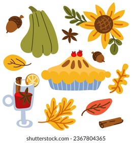 A set of items for Thanksgiving. Vector set of autumn elements in a flat style. Pie, pumpkin, leaves, acorn, berry, cinnamon, mulled wine. Happy Thanksgiving. Harvest festival. Design of autumn