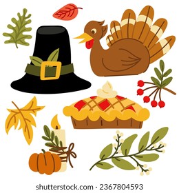 A set of items for Thanksgiving. Vector set of autumn elements with turkey, flat illustration of pilgrim's hat, pie, candles, berries. Happy Thanksgiving. Harvest festival. Design of autumn stickers