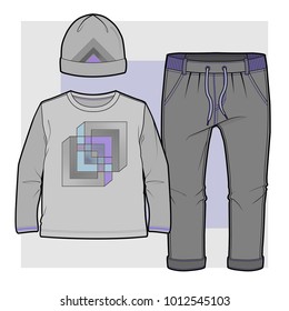 Set of items for a toddler boy (Shirt with abstract geometric print, joggers with elasticised ribbing and hat)
