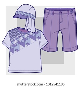 Set of items for a toddler boy (T-shirt with abstract geometric pattern, knee-length shorts and cap with bold decoration) 