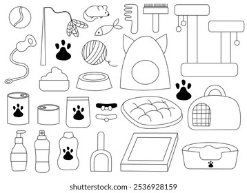 Conjunto de itens e ferramentas para o cuidado com o gato. Plano, Doodle, Line art, ilustração vetorial de contorno.