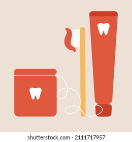 set of items toothpaste, toothbrush, dental floss