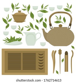 A set of items for traditional Chinese tea drinking Pin Cha on a white background. The tea Board, kettle, gaiwan and the green tea leaves. Isolated objects.