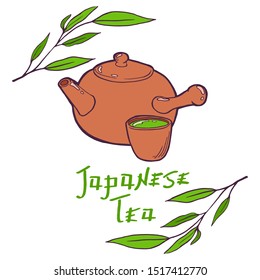 Set of items for traditional japanese tea ceremony. Teapot, green tea leaves, cup. Asian cuisine. Isolated clipart set.