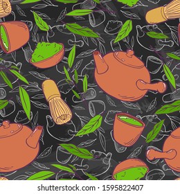 Set of items for traditional japanese tea ceremony. Teapot, green tea leaves, matcha powder, whisk, cup. Asian cuisine. Seamless background with pattern. Chalk board.