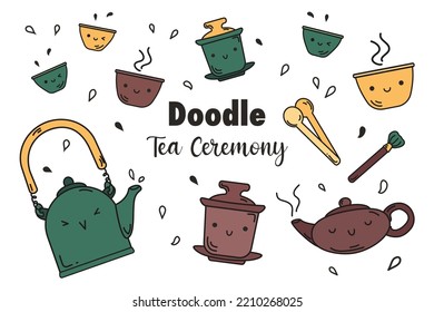 Eine Auswahl an traditionellen orientalischen Teesorten. Doodle-Stil. Teekanne, Gaiwan, Trinkschalen, Jia-Tu-Zungen, Teekopfbürste. Vektorgrafik-Sammlung auf weißem Hintergrund