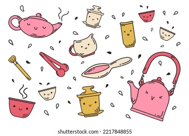 Set of items for traditional oriental tea drinking. Doodle style. Kawaii character