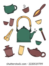Eine Auswahl an traditionellen orientalischen Teesorten. Doodle-Stil. Teekanne, Gaiwan, Trinkschalen, Jia-Tu-Zungen, Teekopfbürste. Vektorgrafik-Sammlung auf weißem Hintergrund