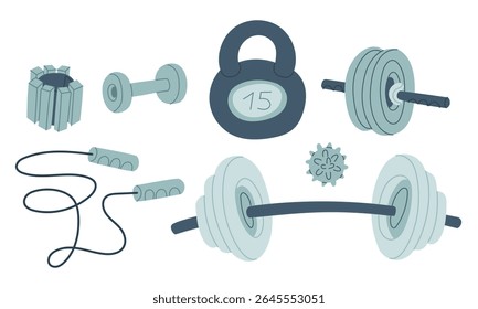 set of items for training. Dumbbells, kettlebells, jump rope, weights, and massage ball in blue colors. flat color illustration. For posters, menus, clothing, and blogs, fitness, sporty lifestyle.