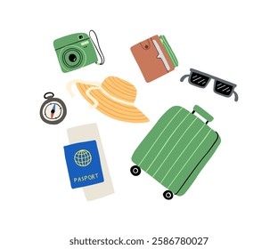 A set of items for travel. Suitcase, hat, passport, compass, etc. Hand drawn vector illustration.