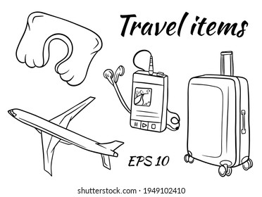 A set of items for travel. A suitcase for things, an airplane, a music player, pillows for sleeping.