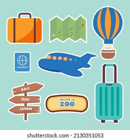 Set of items for traveling in summer holiday concept with drawing cartoon style, flat vector illustration