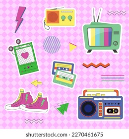 Set of items - TV, radio, tape recorder and cassettes, sneakers. Set of stickers in 90s vintage retro style. Vector on a colored background with graphic elements. For planners, diaries, social media