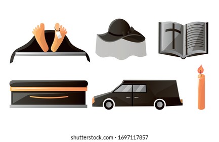 Set of items used at the funeral service and ceremony. Vector illustration in flat cartoon style.