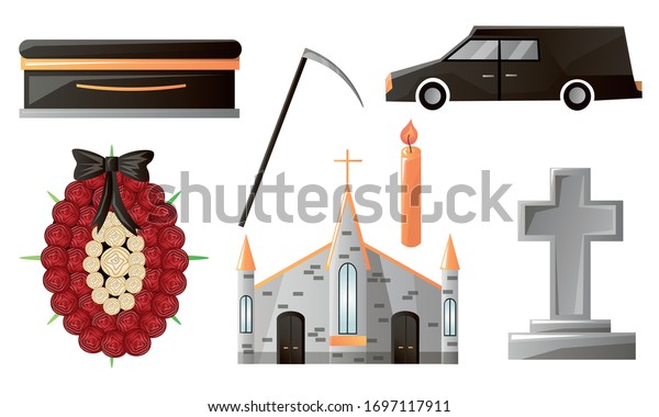 Set of items used at\
the funeral service and ceremony. Vector illustration in flat\
cartoon style.