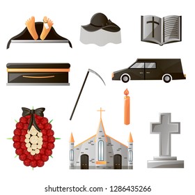 Set of items used at the funeral. Items that are associated with gunpowder. Coffin, flowers, gravestone, pigeon and others.