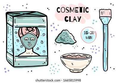 A set of items for using cosmetic clay. Color illustration isolated on white background.
