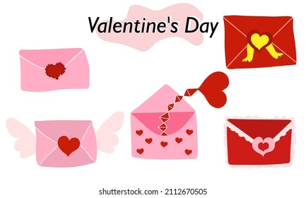 A set of items for ValentineDay. Envelopes, valentines, letters. In color version. A symbol of love and a Valentine Day holiday. Vector illustration.