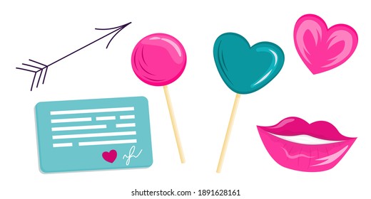 A set of items for Valentines Day in a cartoon style. Lollipops, lips and hearts for Valentines. Clipart on a white background for congratulations and confessions.