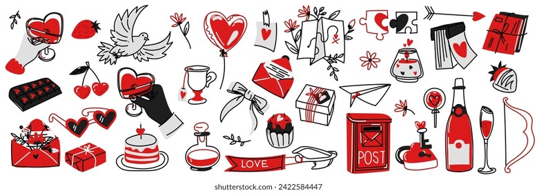 Un conjunto de artículos para el Día de San Valentín al estilo del doodle. Contorno lineal negro y rojo. Un vector aislado. Sobres con corazones, llaves y cerraduras, aves, correo, champán, chocolate, avión, quequito
