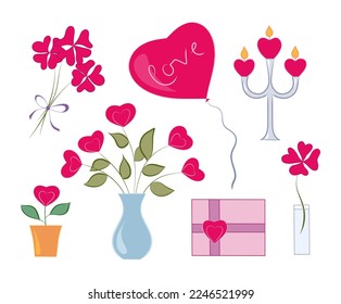 Set with items for valentine's day, drawn in a cartoon style.
