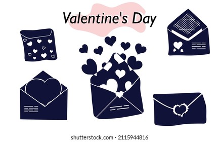 Un conjunto de artículos para el Día de San Valentín. Sobres, valentinas, letras. Iconos. En una versión sólida, en un color. Un símbolo de amor y una fiesta de San Valentín. Ilustración vectorial.