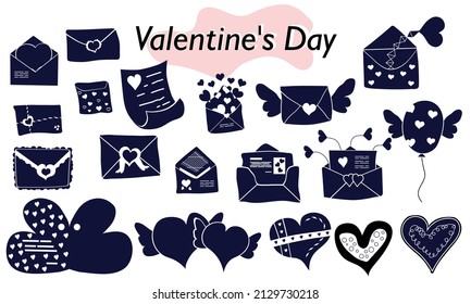 A set of items for Valentines Day. Envelopes, valentines, letters. Icons. In a solid version, in one color. A symbol of love and a Valentines Day holiday. Vector illustration.