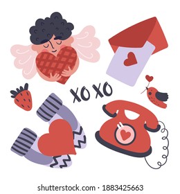 
A set of items for valentine's day such as cupid, love letter, telephone, strawberry. Vector illustration in cartoon style.