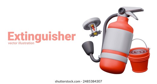 Set of items of various types for extinguishing fires. Fire annihilator, water bucket, sprinkler