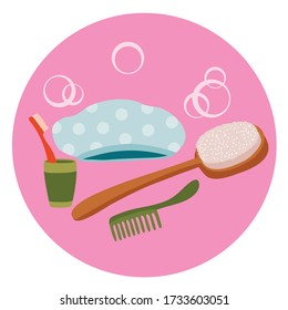 conjunto de artículos para lavar desde un cepillo para lavar, gorras de ducha y un cepillo de dientes con un peine, objeto aislado sobre un fondo blanco, ilustración vectorial