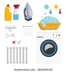 
A set of items for washing. Illustration in a flat style. Washing machine, bowl of water, iron, battery, thermometer, detergent. Can be used in web design, labels, stickers, instructions, printing.