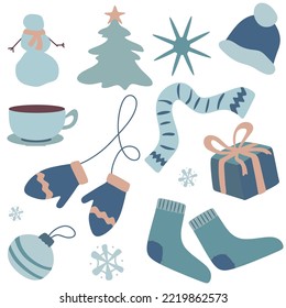 A set of items. Winter. Christmas pattern in blue tones. For the design. Hat, scarf, Christmas tree decoration, socks, mittens, Christmas tree, gift box, snowflakes