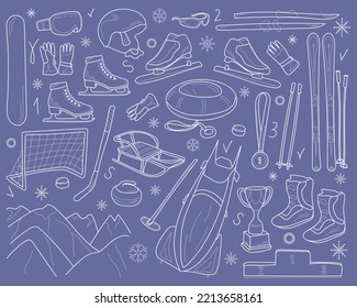 A set of items for winter sports: skiing, snowboarding, sledding, clothing, hockey. Contour isolated vector objects on a blue background. Sports equipment in contour style, doodles.