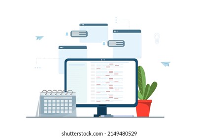Conjunto de elementos en el lugar de trabajo, trabajo independiente, programador, e-learning, concepto de oficina en el hogar, concepto de ilustración empresarial para trabajo a distancia o freelance, ilustración vectorial plana