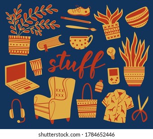 Set of items you find at home, couch, laptop, plants, cups, books, glasses, headphones, bowls, clothes, scissors, gameboy, bags, shoes, pencils, brushes... Composition of elements, editable colors.