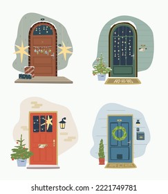 Set ith X-Mas decorated home front doors. Christmas tree by the house door with Wreath and Deco for party. Postcard, invitation or poser for new year and Merry Christmas.