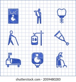 Set IV bag, Disabled wheelchair, Grandmother, Crutch or crutches, Hospital bed, Blind human holding stick, Dental implant and Separated toilet for disabled icon. Vector