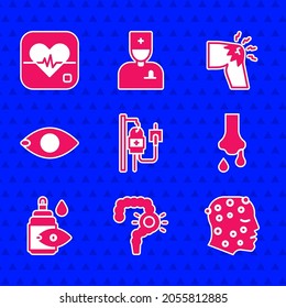 Set IV bag, Gut constipation, Psoriasis or eczema rash, Runny nose, Eye drop bottle, Blindness, Joint pain, knee pain and Heart rate icon. Vector
