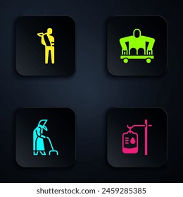 Set IV bag, Human broken arm, Grandmother and Man without legs sitting wheelchair. Black square button. Vector