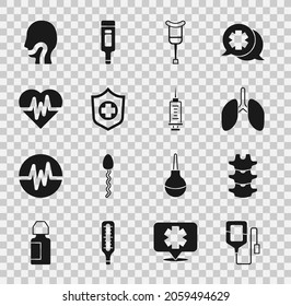 Set IV bag, Human spine, Lungs, Crutch or crutches, Life insurance hand, Heart rate, Sore throat and Syringe icon. Vector