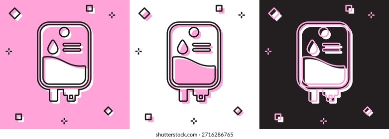 Set IV bag icon isolated on pink and white, black background. Blood bag. Donate blood concept. The concept of treatment and therapy, chemotherapy.  Vector