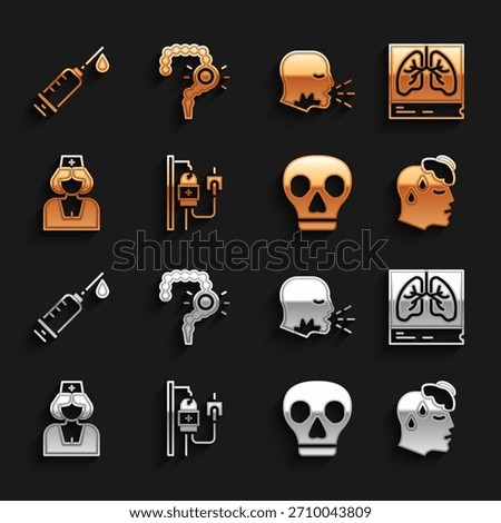 Set IV bag, Lungs x-ray, High human body temperature, Skull, Nurse, Man coughing, Syringe and Gut constipation icon. Vector
