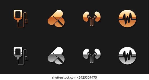 Set IV bolsa, píldora o tableta de medicina, riñones humanos e icono de ritmo cardíaco. Vector