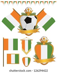 set of ivory coast football supporter flags and emblems, isolated on white