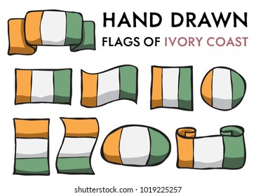Set of Ivory Coast Hand Drawn / Doodled National Flags. High-Quality Vector Illustration. Grouped, Ready To Use!