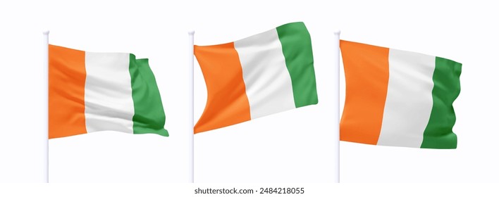 Set of Ivory Coast waving flag on flagpole. Realistic 3d design flag flies on the wind on isolated white background. vector illustration