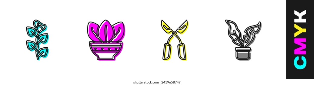 Set Ivy branch, Plant in pot, Gardening handmade scissors and  icon. Vector