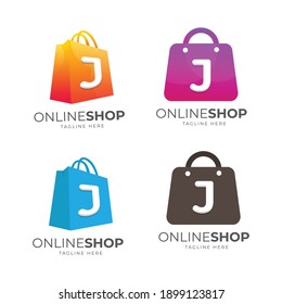 conjunto de plantillas de diseño de logotipo de gradación de letras J y bolsas de compras, diseños de logotipo para tienda online